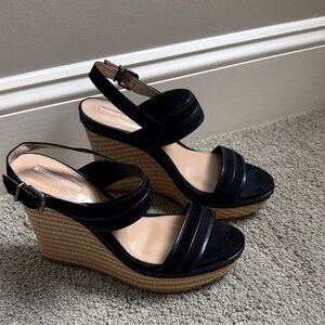 ANTONIO MELANI Black and Tan Wedge Sandals